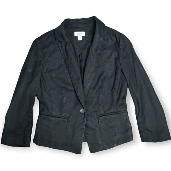 LOFT ANN TAYLOR BLACK POLY COTTON CLASSIC ONE BUTTON FITTED BLAZER JACKET SIZE 8 - Picture 1 of 8